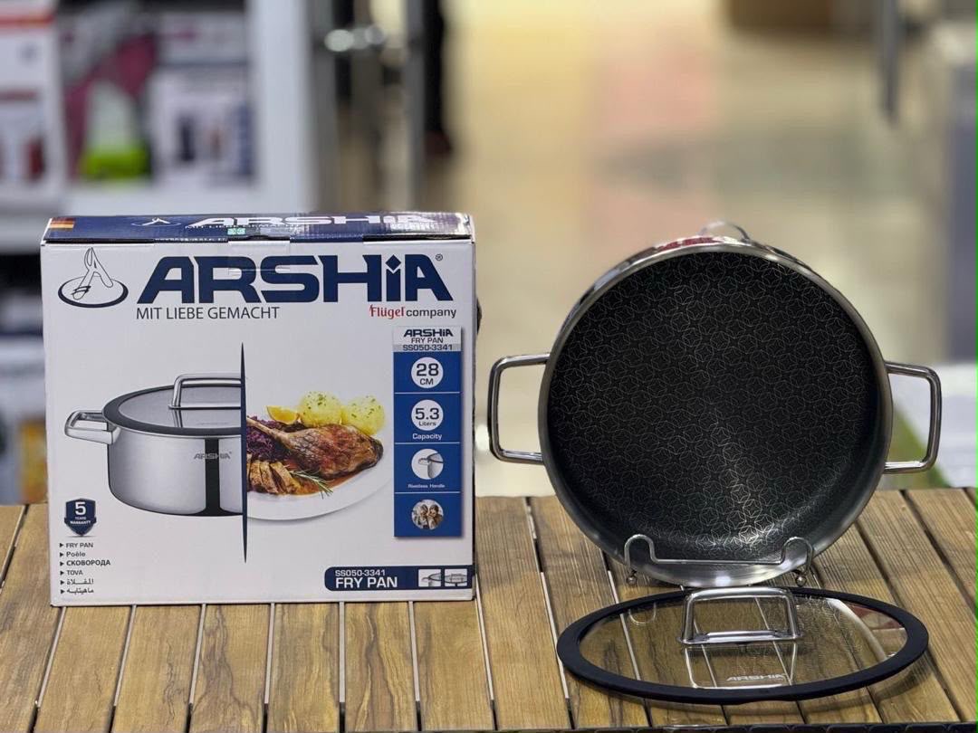 ماهیتابه استیل لیزری دو دسته عرشیا به‌همراه درب شیشه‌ای ۲۸ سانتی‌متر مدل SS050-3341