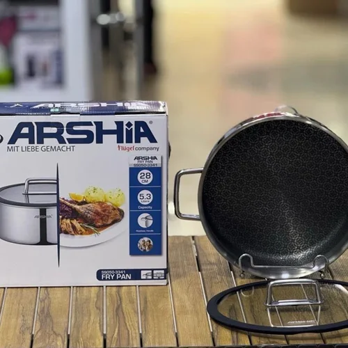 ماهیتابه استیل لیزری دو دسته عرشیا بههمراه درب شیشهای ۲۸ سانتیمتر مدل SS050-3341