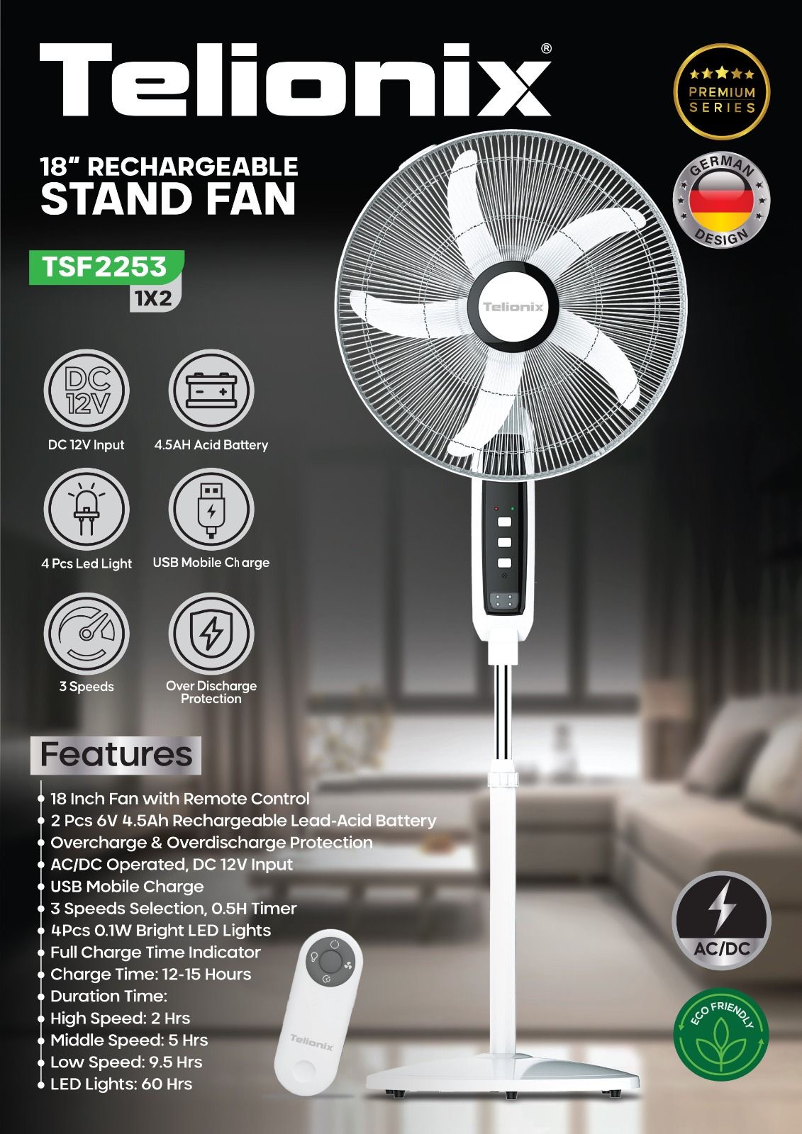 پنکه ایستاده شارژی ۱۸ اینچ Telionix مدل TSF2253